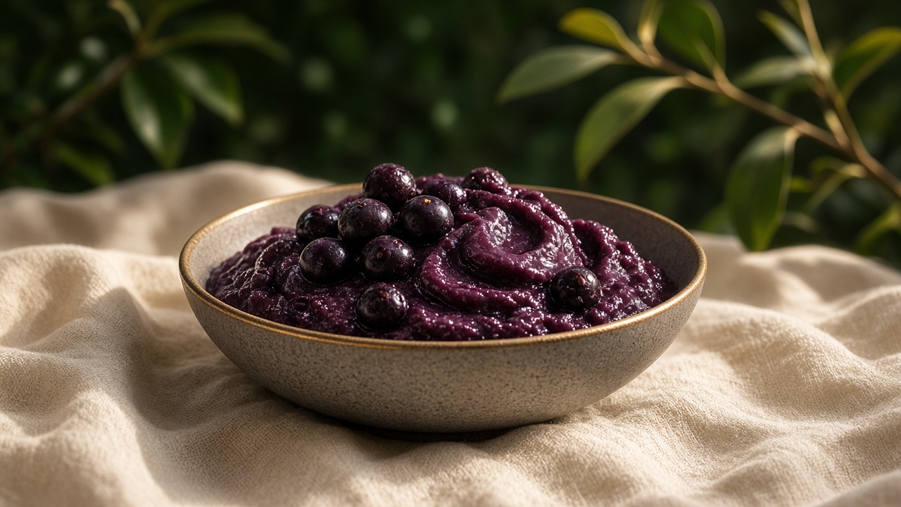 100% organic Brazilian açaí berries in a quiet luxury editorial setting